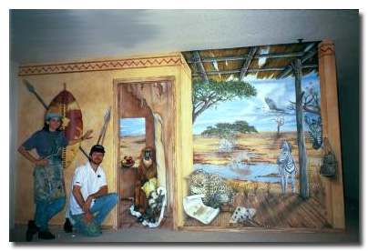 an African mural using faux finishing and trompe l'oeil techniques 