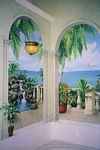 tropical paradise mural in trompe l'oeil arches